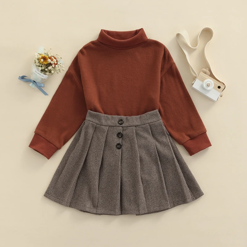 Autumn 2Pcs Baby Girls Casual Clothing Sets Toddlers Brown Solid Color Turtleneck Knitted Sweaters Pullovers Pleated Skirt 1-6Y | Детская