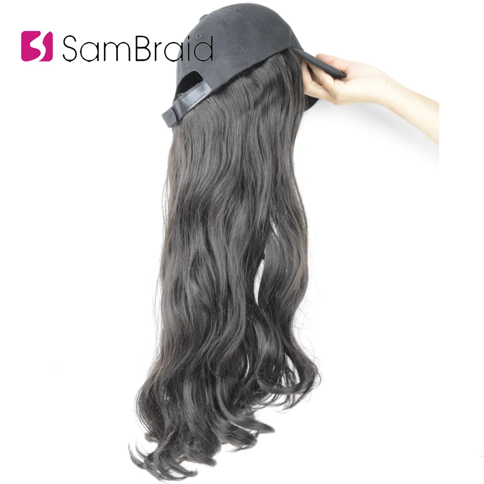 

SAMBRAID 18 Inch Wavy Hair Extensions With Black Cap Wig All-in-one Female Baseball Cap Hat Wig Synthetic Hair