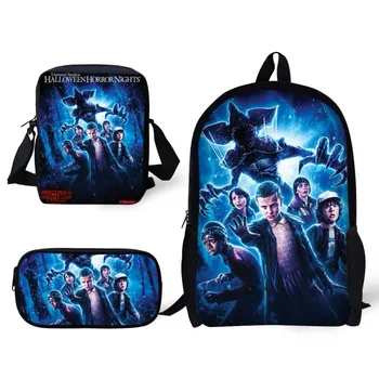

New 3Pcs Set Children Backpacks Stranger Things Design Print Primary School Students Large Satchel Tote Pencil Bag Backpack Kids