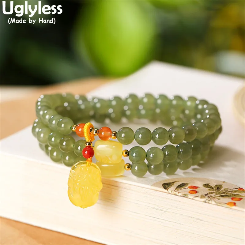 

Uglyless 3 Layers Elastic Rope Multi Treasure Gemstones Beading Bracelets for Women Nature Agate Amber Jade Bracelets 925 Silver