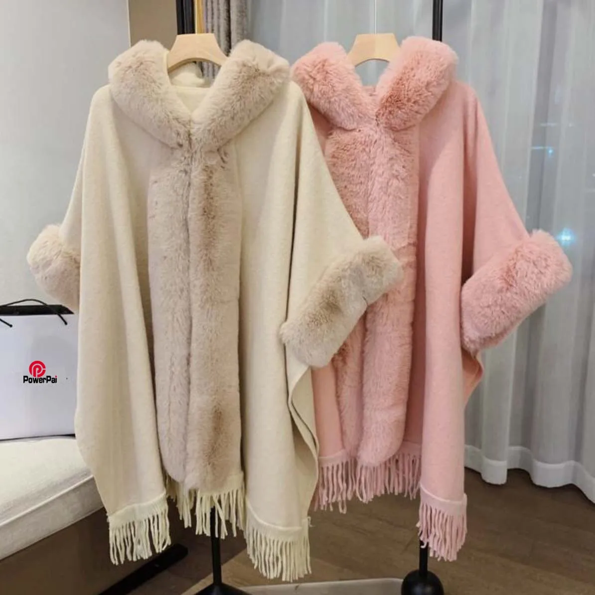 

Fashion Trends Faux Rex Rabbit Fur Coat Cape Hooded Tassels Wool Blends Cardigan Cloak Women Fall Winter Overcoat Poncho Wraps
