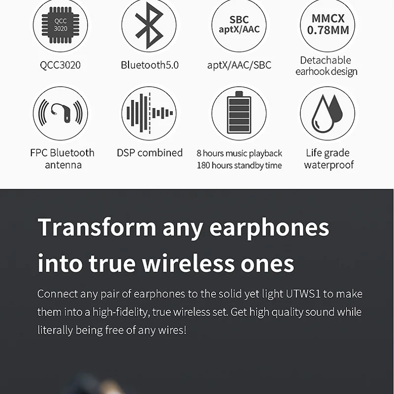 FiiO UTWS1 Bluetooth наушники 5,0 приемник HiFi AAC AptX SBC крючок для наушников-вкладышей MMCX 0,78 мм наушники модуль Bluetooth адаптер