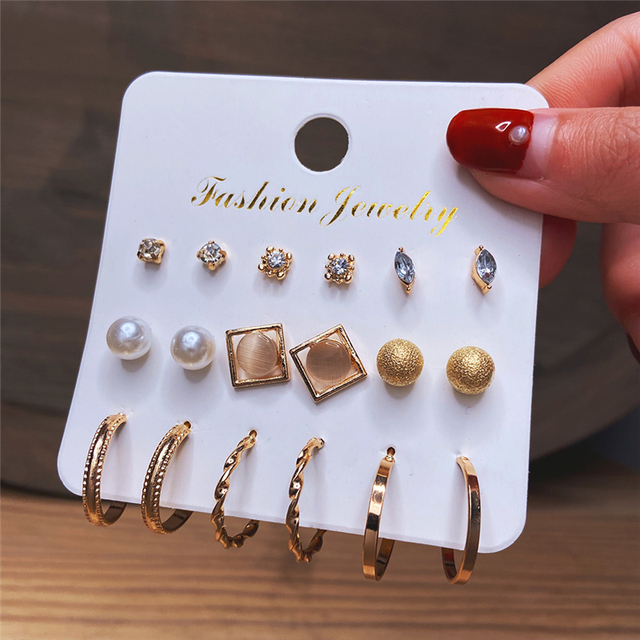 Geometric Gold Silver Color Cubic Zircon Crystal Stud Earrings Set For Women Fashion Pearl Earrings Gifts Jewelry