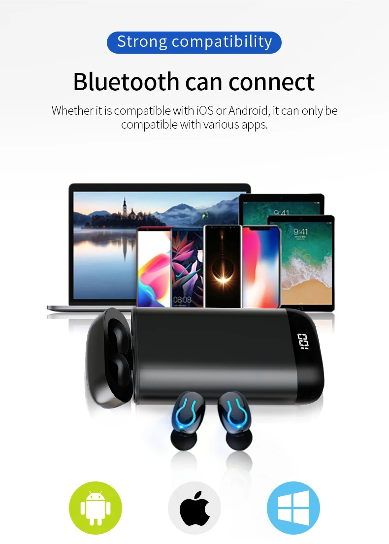 Q66 беспроводные V5.0 Bluetooth наушники HD стерео наушники спортивная водонепроницаемая гарнитура с двойным микрофоном и 6000 мАч чехол для зарядки аккумулятора