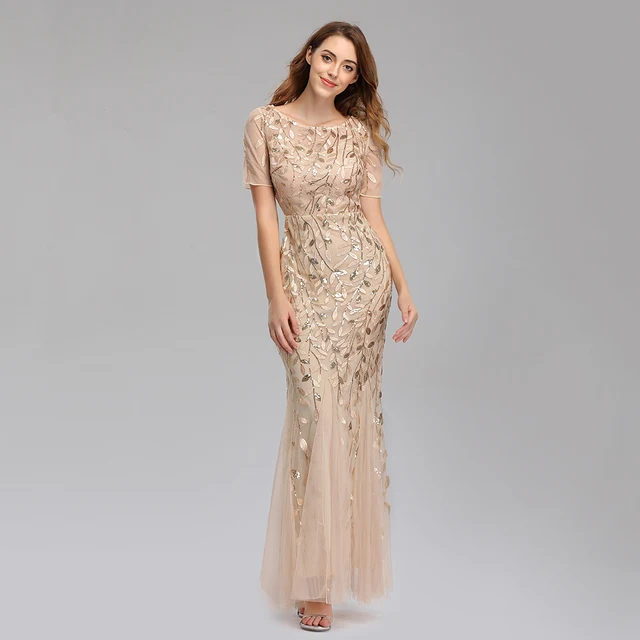 Plus Size Evening Dresses Mermaid O Neck Short Sleeve Lace Appliques Tulle Long Party Gown Robe Soiree Sexy Formal Dress vestido Gold
