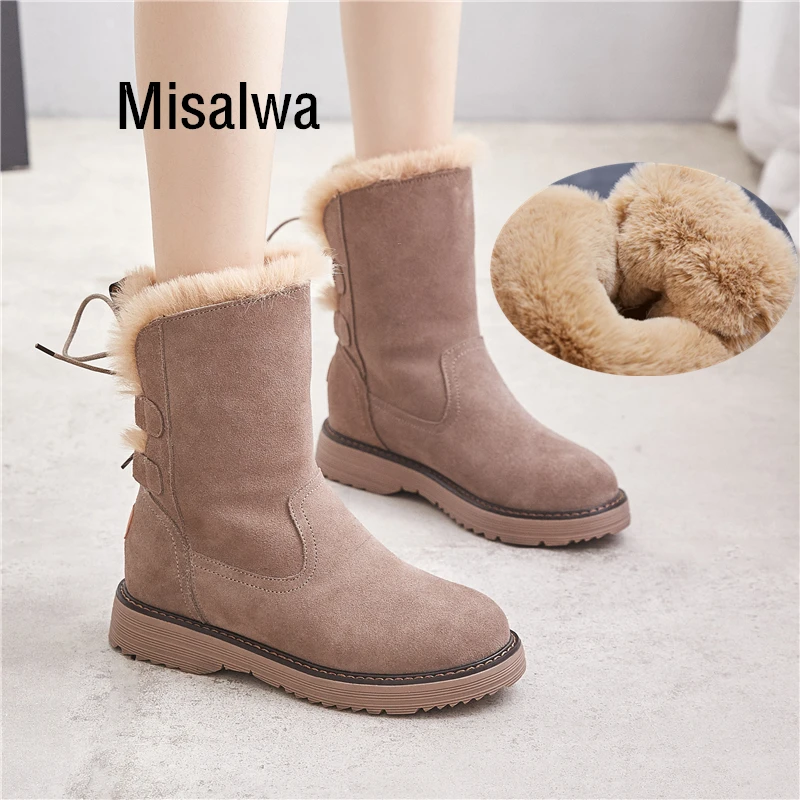 

Misalwa Warm Winter Women Snow Boots Russian Cow Suede Round Toe Casual Female Boots Elevator 5 CM Furry Ankle Non-slip Boots