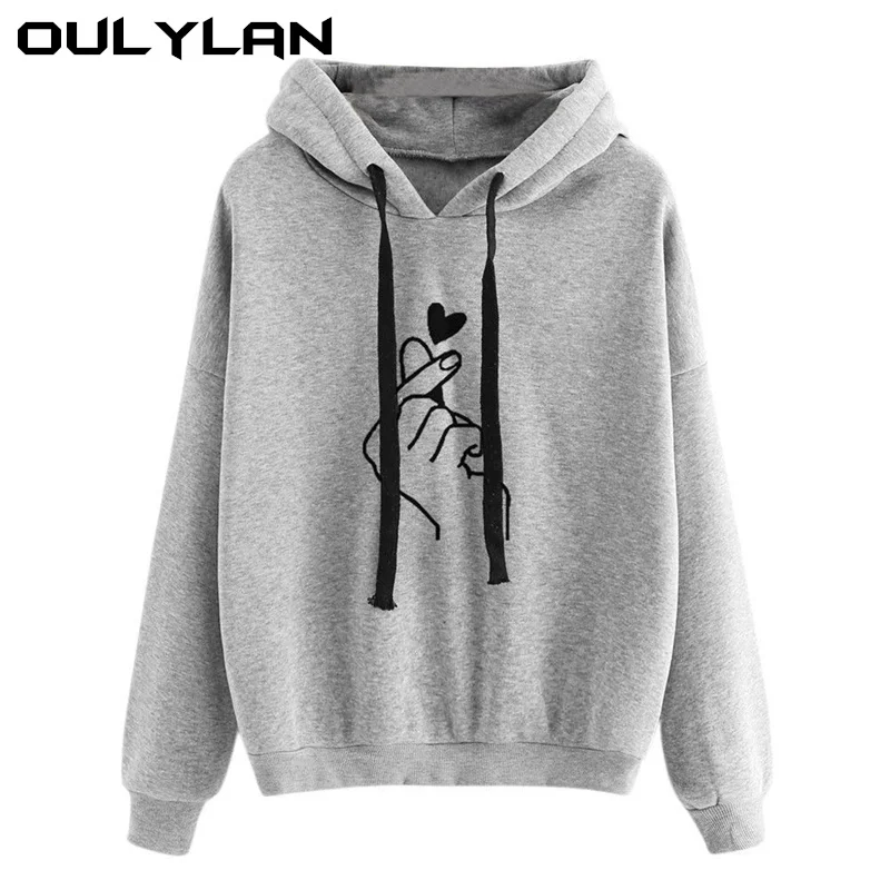  Oulylan Women Hoodies Casual Finger Heart Love Pattern Hooded Sweatshirts Drawstring Long Sleeve Fe