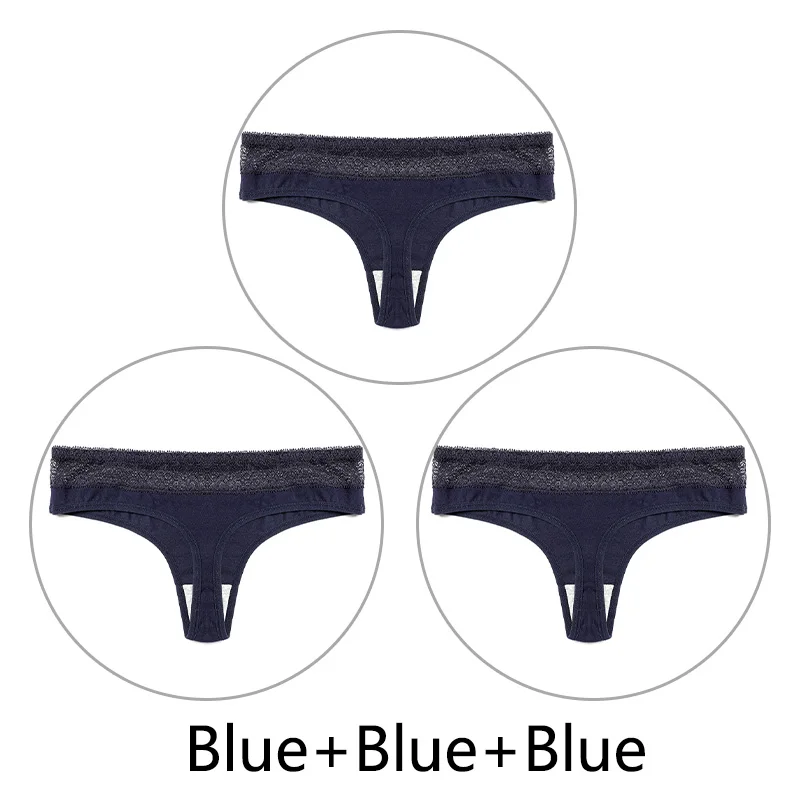 Blue Blue Blue 3 шт./партия, стринги из чистого хлопка, женское нижнее белье, сексуальные кружевные трусики, стринги, нижнее белье ажурные дышащие трусики M-3XL, большие размеры - Цвет: Blue Blue Blue