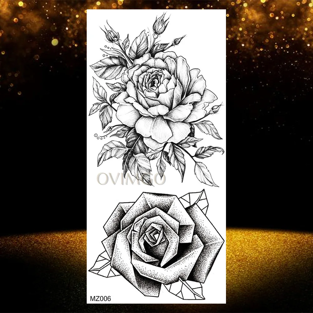 Waterproof Geometric Fake Temporary Arm Tattoos Sticker Black Rose Lily Tatoos Body Art For Women Realistic Peony Leaf Tattoos - Цвет: OMZ006