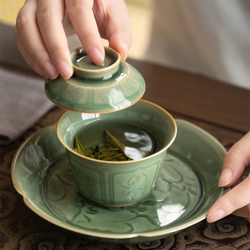 Celadon Hand Carved Gaiwan For Tea Pottery Tureen With Lid Green Teaware Kung Fu Tea Ceremony Set Coffee Cups Bowls Chawan