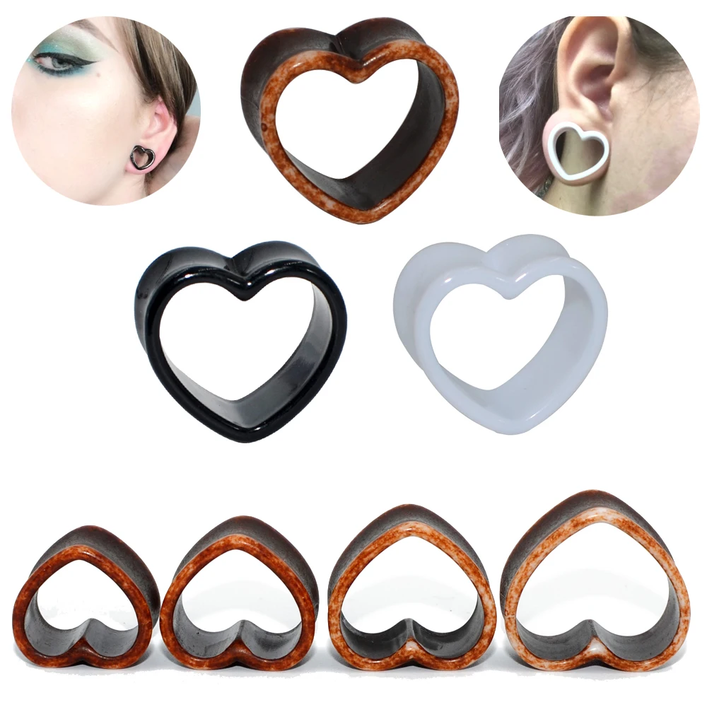 Pair Acrylic Ear Plug love Heart Tunnels Piercing White&Black&Brown Flesh Tunnel Plug Body Piercing Stretcher Expander Ear Gauge