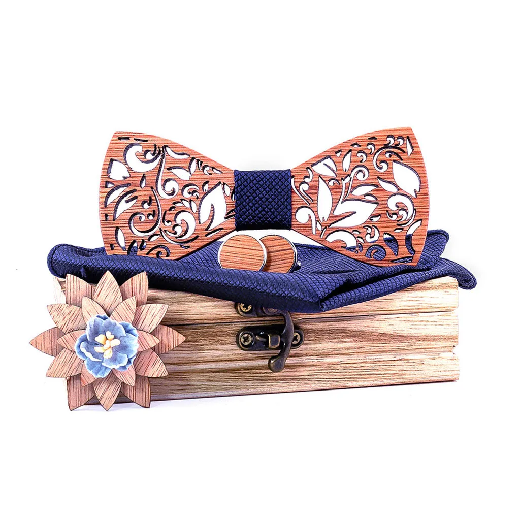  Manual Wooden Bow Tie Handkerchief Set Men's Bowtie Wood Hollow Carved And Box