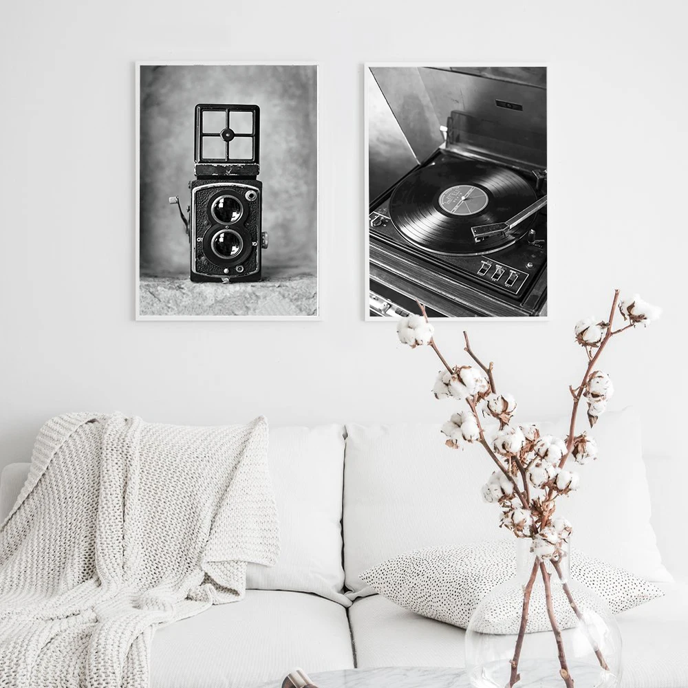 Decoracion ВИНТАЖНЫЙ ПЛАКАТ для камеры, домашний холст, черно-белый настенный арт, recordпроигрыватель, плакаты и принты, настенные картины для гостиной