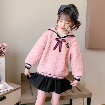 

Children Winter Thicken Fleece Hoodies For Teen Girls Preppy Style Pink Warm Color Plush Top Casual Girl Clothes Cute Sudaderas