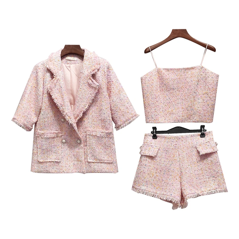 Маленький аромат, Женская Осенняя розовая твидовая куртка, пальто+ топ на бретельках+ шерстяные шорты, комплект из трех предметов, женские элегантные шорты