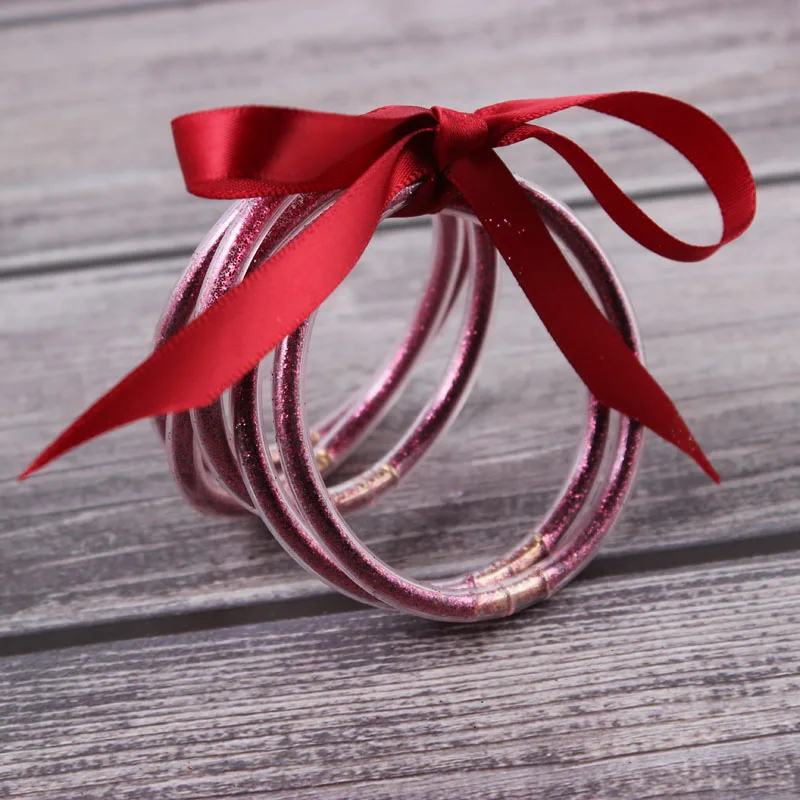 

Wholesale 2019 Glitter Filled Silicone Jelly Summer Bracelet Stardust Stack Silicone Circles Bangles Women Bowknot Jelly Bangles