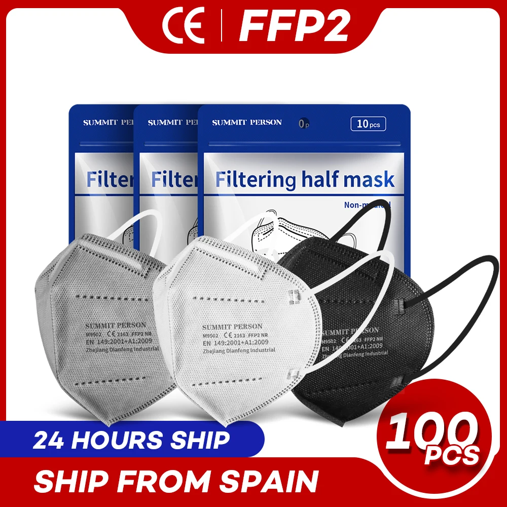 100 PCS Ship From Spain CE Certification FFP2 Face Protective Mask KN95 Anti Dust Mask Effective Filtration Rate 99.6% or Higher