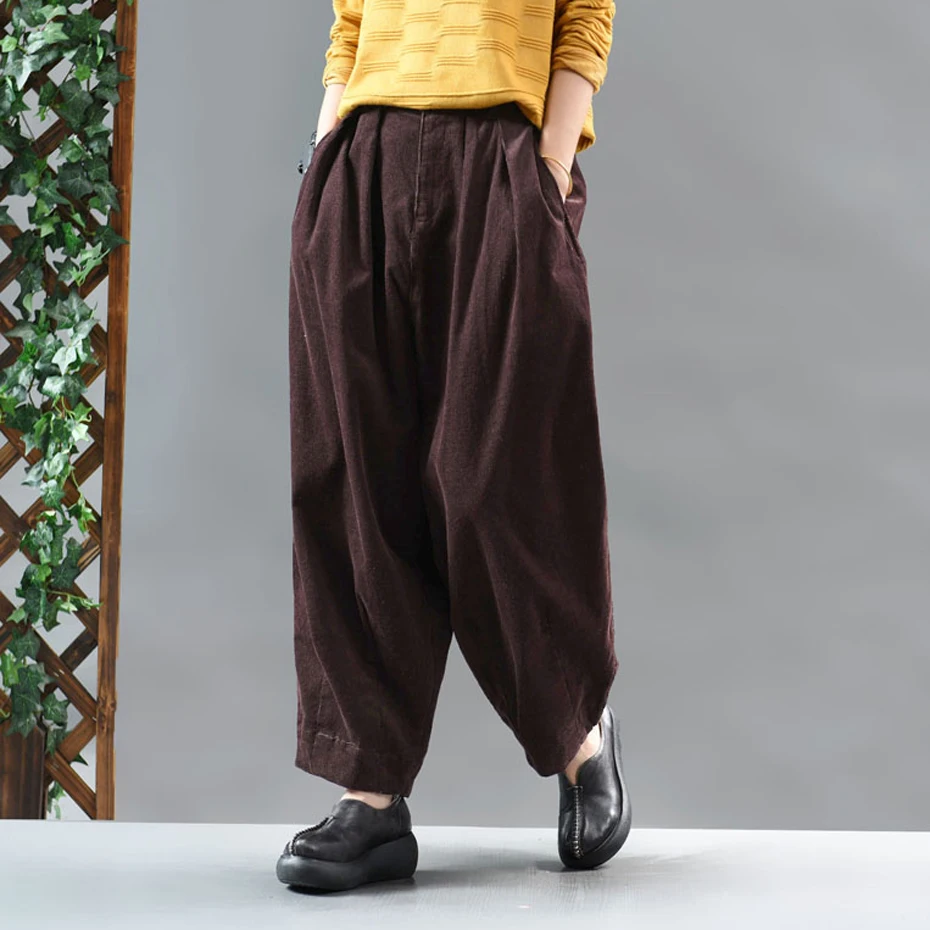 Женские хлопковые вельветовые штаны, плотные штаны для осени и зимы, большие длинные свободные негабаритные Ретро Винтажные модные повседневные штаны AZ47282421