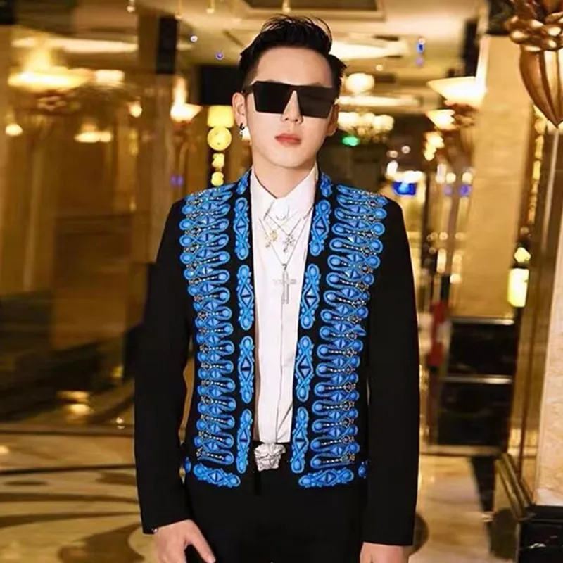 

Male Jackets Coats Blazer Handmade Blue Rhinestones High-End Foreign Outerwear Vocal Concert Men Singer Model Catwalk Costume