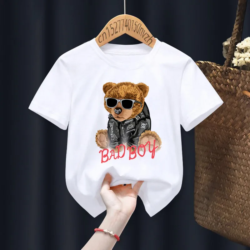 Funny Bear Riding Motorcycle Print Boy Girl White T-shirt Kid Summer Harajuku Kawaii Funny Little Baby Y2K Clothes,Drop Ship