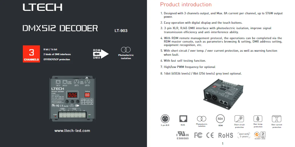 DMX-PWM декодер; DC12-24V вход; 8A* 3CH Max 24A 576 Вт Выход XLR-3/RJ45 порт 3 канала RGB полоса DMX512 декодер LT-903