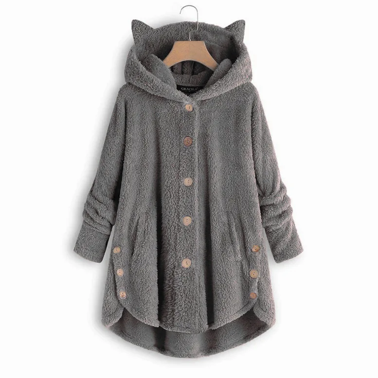Зимняя куртка женские меховые пальто и куртки, Женское пальто, новое милое уютное флис Тедди пальто с кошачьими ушками, с капюшоном, с принтами персонажей плюшевая куртка для девочек