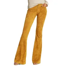 Vintage mujer Retro Casual de alta cintura de Color sólido pantalones de pierna ancha Campana-Bottom pantalones de moda Faux Suede Mujer Pantalones S-5XL