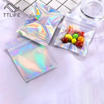 

TTLIFE 100pcs S/M/L Flat Thick Zip lock Bath Salt Cosmetic Bag One Side Clear Holographic Mini Aluminum Foil Zip Lock Bags