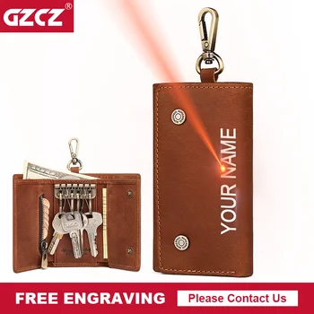 

GZCZ casual crazy horse leather key wallet Unisex keychain covers hasp key case bag men key holder housekeeper keys organizer