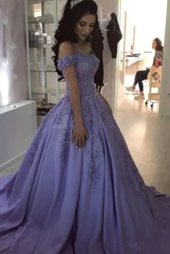 

Purple Muslim Evening Dresses 2019 Ball Gown Lace Beaded Off Shoulder Islamic Dubai Saudi Arabic Long Evening Gown Prom Dress