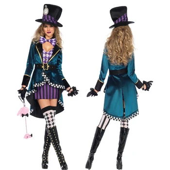 

Halloween Cosplay Costume For Women Magician Clown Alice Mad Hat Witch Dress Performance Santa Claus Costume