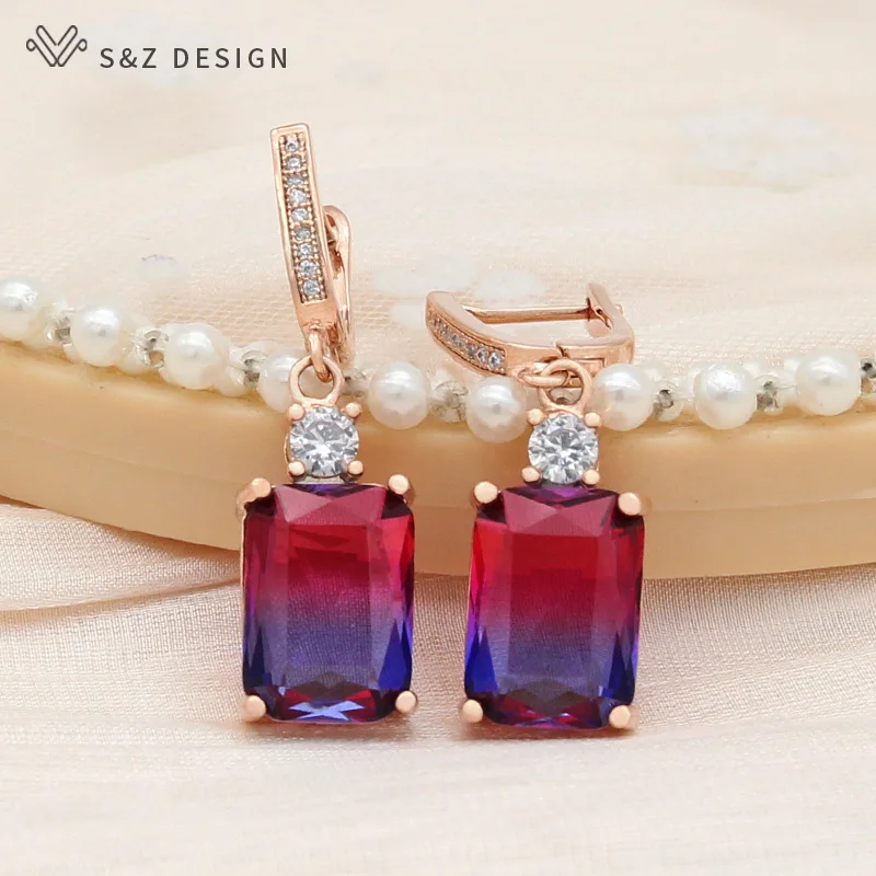 S&Z DESIGN New Fashion Rose Gold Color Cubic Zirconia Square Tourmaline Dangle Earrings For Women Wedding Fine Elegant Jewelry