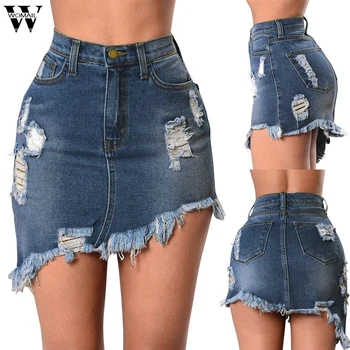 

Womail Women Skirt Sexy 2020 Summer Casual Irregular Denim Skirt Female Hole Tassel Jeans Blue Skirt Girls Street Wear club
