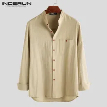 INCERUN/однотонная мужская рубашка с длинным рукавом, Модная хлопковая блуза, Высококачественная Уличная Повседневная брендовая мужская рубашка со стоячим воротником 7