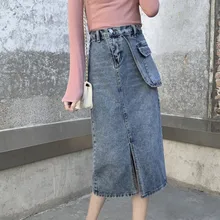 Женская юбка с большим карманом, юбки с высокой талией, Женская прямая джинсовая юбка, модная уличная женская юбка, новая осенняя джинсовая юбка