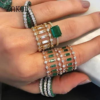 ZAKOL Eternity Luxury Green Stackable Chic Rings for Women Wedding Cubic Zircon Engagement Dubai Bridal Statement Finger Ring