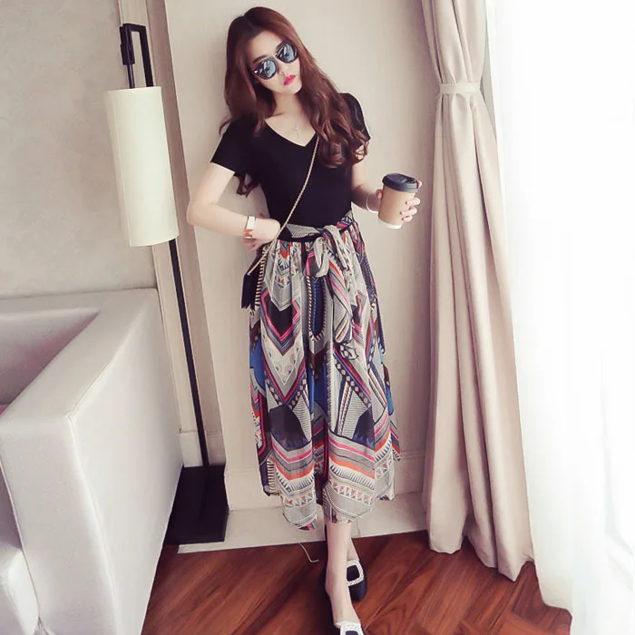 

2019 Autumn Clothing Floral-Print Chiffon Printed V-neck High-waisted Mid-length Dress Slimming Mock Two-Piece Skirt Women's Sum