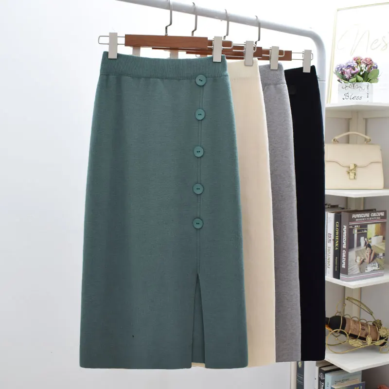 

Vintage Slim Button Autumn Winter Knit Midi Long Skirt jupe femme Bodycon Women High Waist Casual Falda Elegant Pencil Skirts