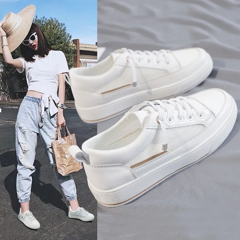 

All-match White Shoes Women 2021 Summer Leather Flat Net Shoes Breathable Sneakers Female Student Casual Sport Running Platform