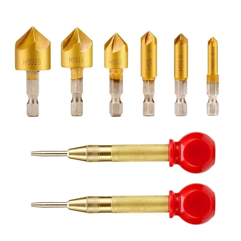 

2 x Automatic Center Hole Punch Marker Scribe with Cushion Cap and 6 Pieces Countersink Drill Bit Set 1/4 Inch Hex Shank 90 Degr