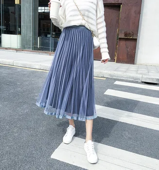 

2019 Autumn And Winter Skirts Long Velvet Tulle Double Layer Pleated korean Solid color Skirt Half-body High Waist Skirts women