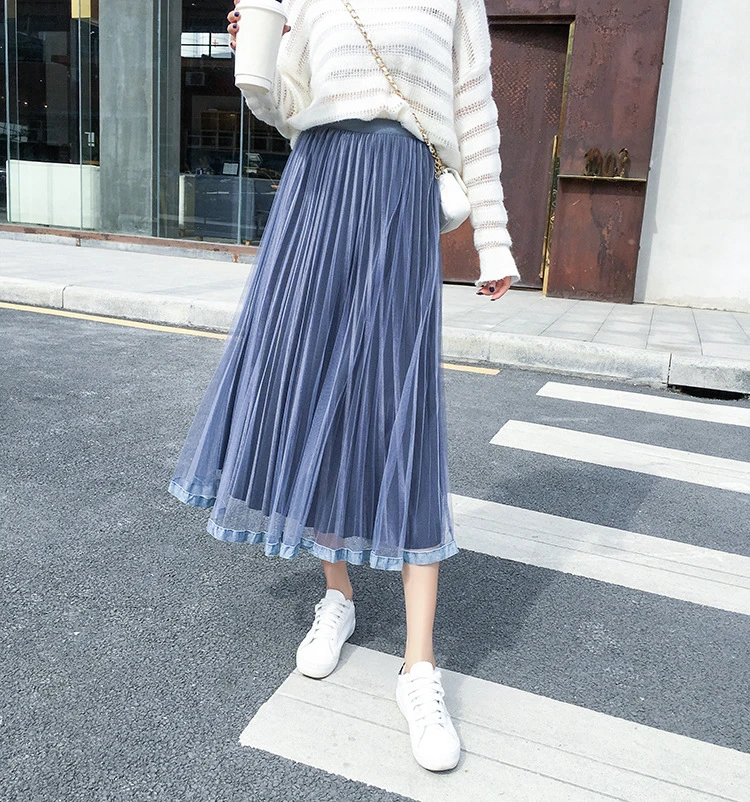 2019 Otoño e Invierno faldas largas de terciopelo tul doble capa falda Coreana de color sólido medio cuerpo faldas de cintura alta para mujer|Faldas| - AliExpress