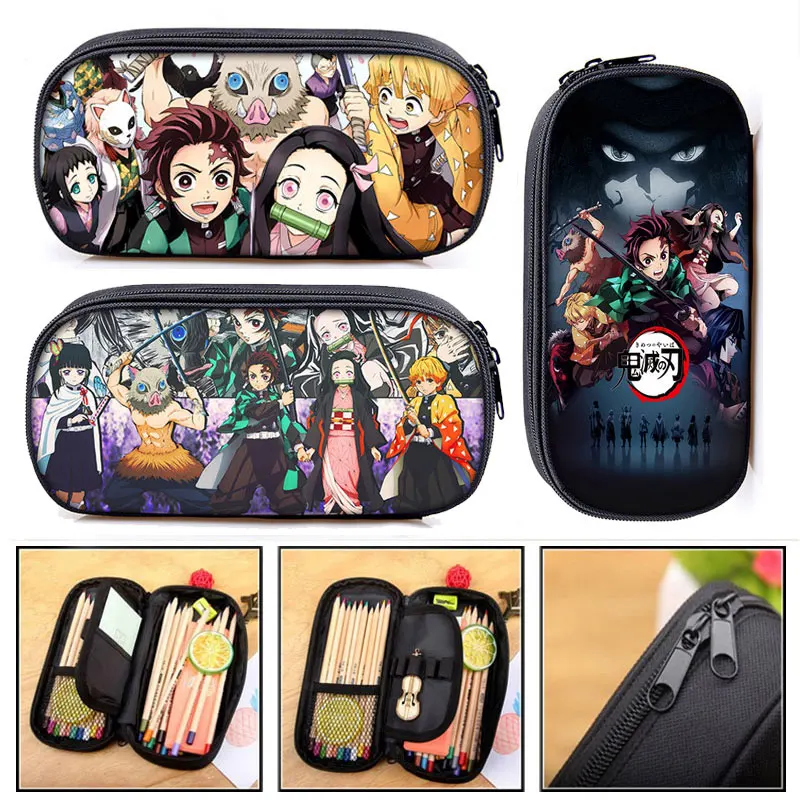 Anime demonio asesino Kimetsu No Yaiba lona monedero lápiz caso maquillaje bolsa de lápiz papelería bolsa de dibujos animados caja de lápiz