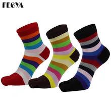 Осенне-зимние Хлопковые женские носки, 3 пар/лот, модные носки с пятью пальцами, радужные полосатые спортивные дышащие длинные носки