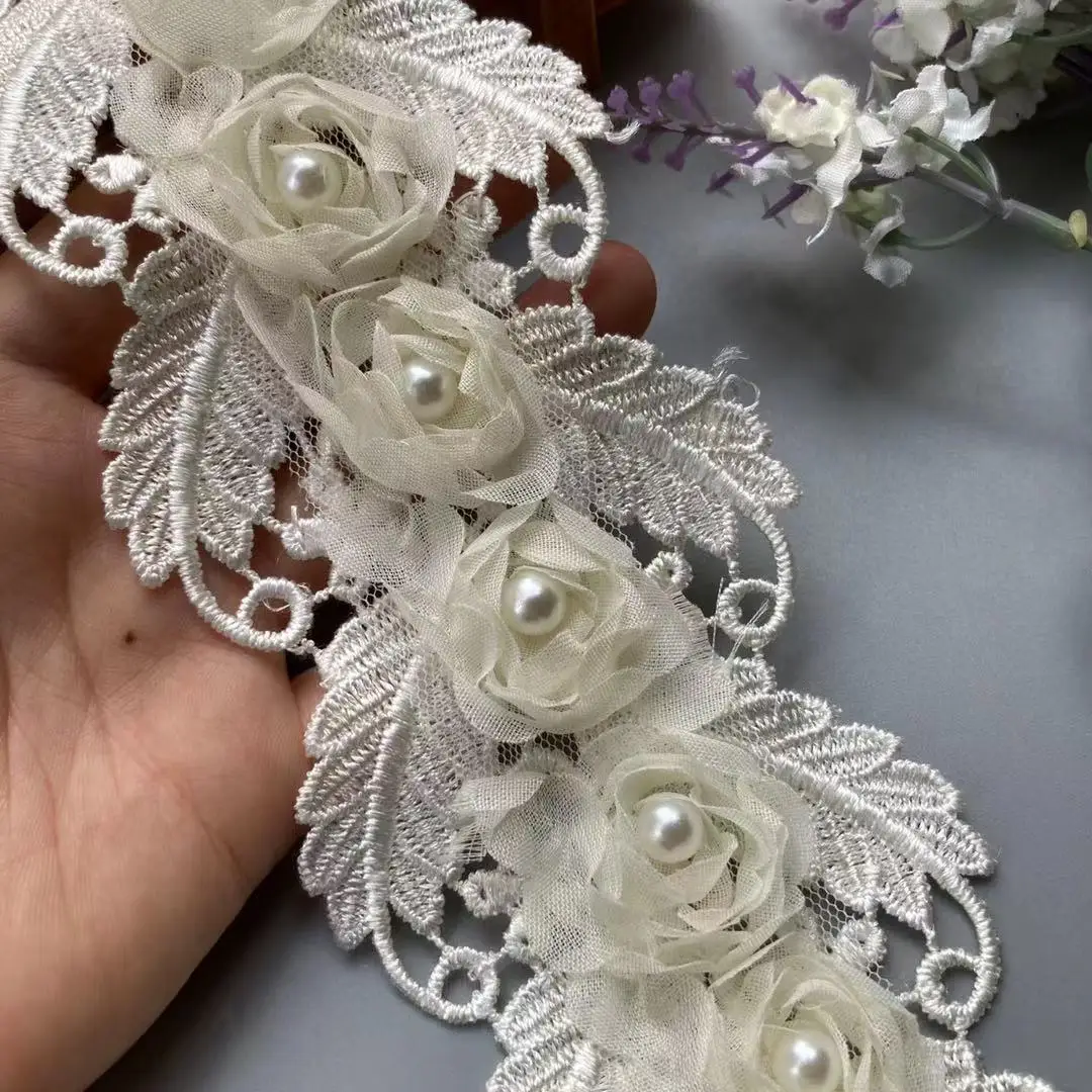 

2 Yard Ivory Pearl Soluble Flower Embroidered Lace Trim Ribbon Floral Applique Fabric Handmade Wedding Dress Sewing Craft New