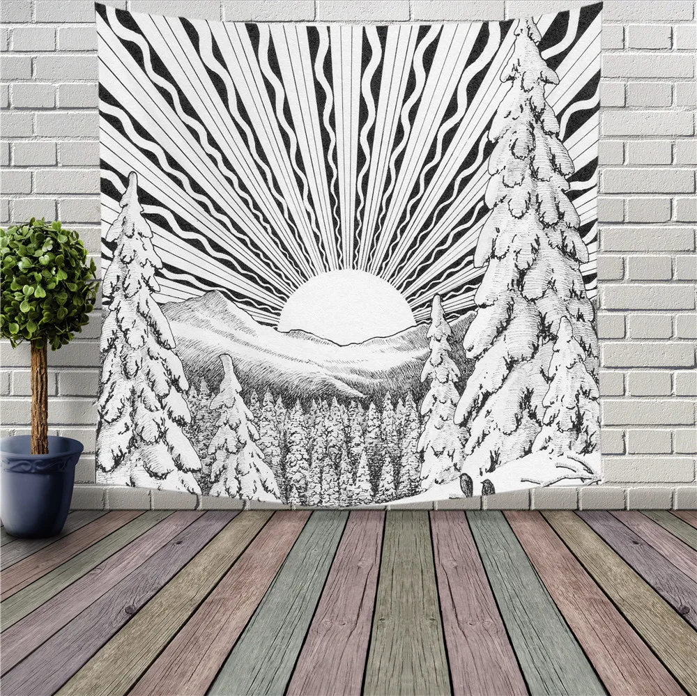 

Mountain Sunrise Black White Painting Tapestry Art Wall Tapestries Hanging Bedroom Decor Bedspread Sofa Cover Slipcovers Mat