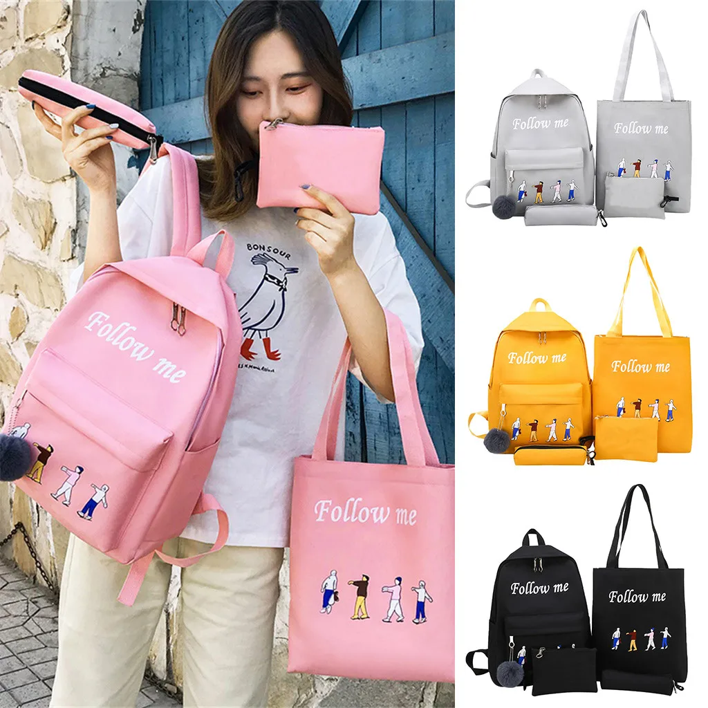 

School Bags For Teenage Girls Multi Pocket Leisure Cartoon Alphabet Student Backpack Casual Large Capacity Travel 4 Piece Set