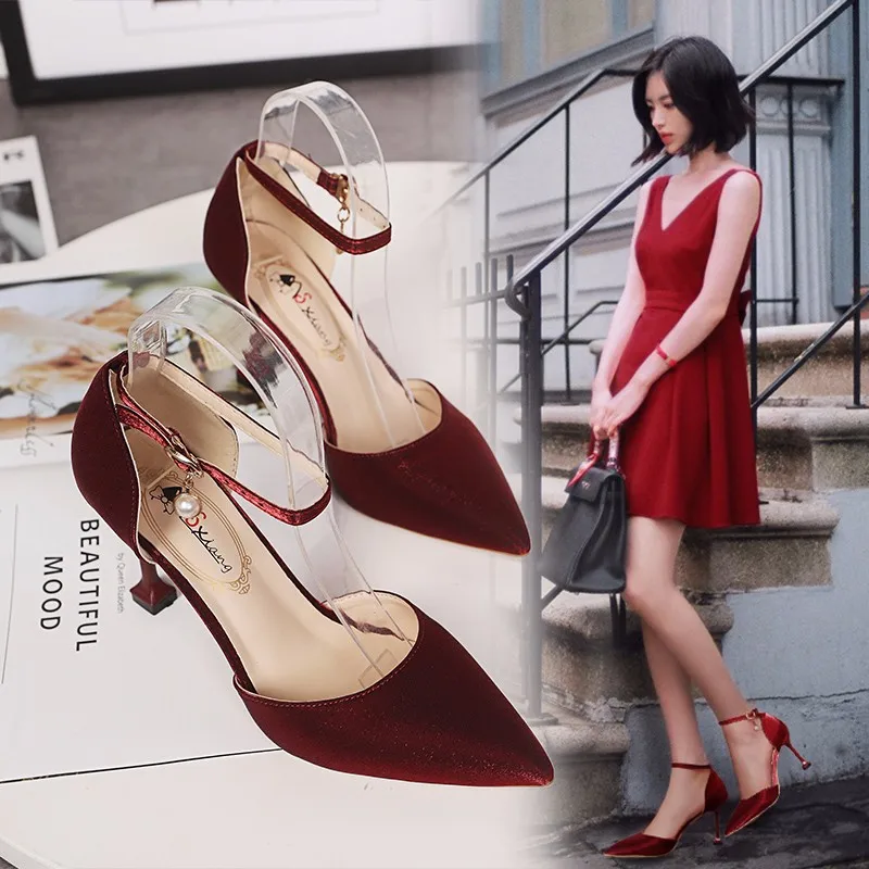 

Spring And Summer Spool Heels Pointed Toe Suede Straight-line Buckle Shoes Women's Hallow Pearl High Heel Shoes Europe And Ameri