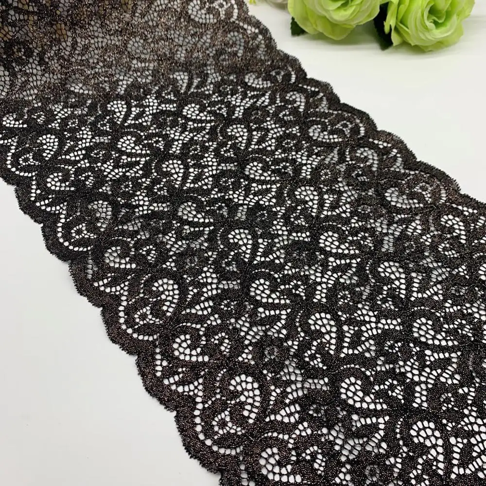 3y/lot Width 24.50cm Black Shiny Foil Elastic Stretch Lace Trims Skirt Hem For Clothing Dress Sewing Applique Costume Metallic 1