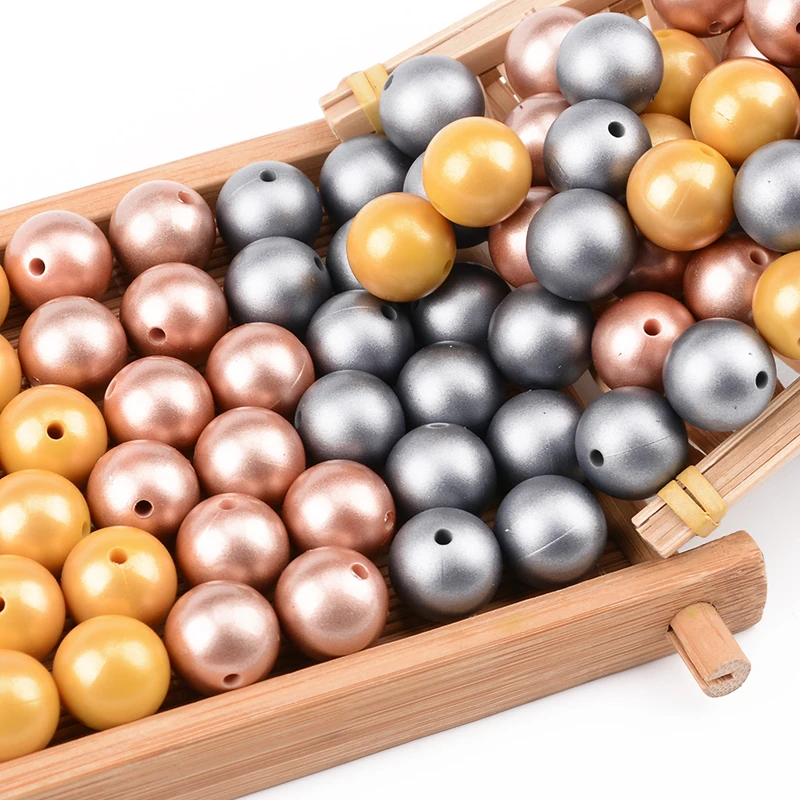 LOFCA 50Pcs Metallic Silber Farbe Drucken 12/15/19mm Silikon Lose Perlen DIY Kautable Zahnen Perlen BPA FREI Baby Beißring – Detail 3